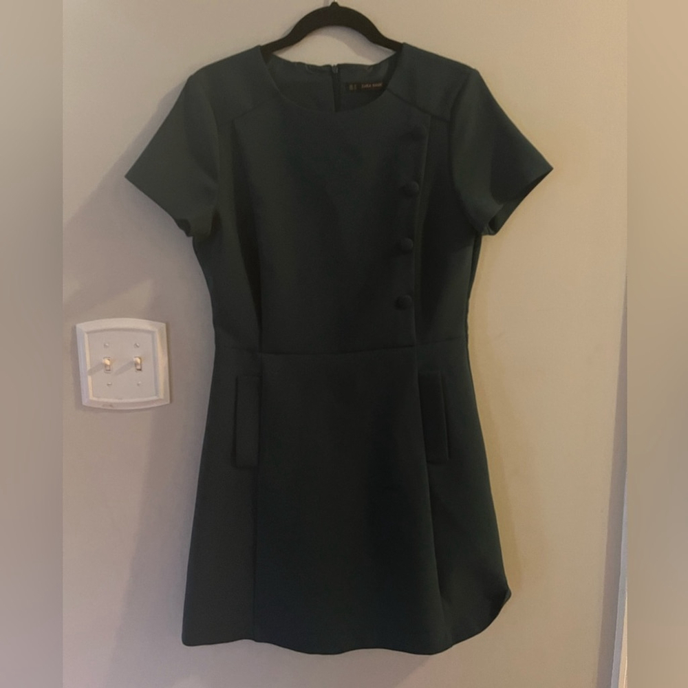 Zara Basics Teal Sheath Mini Dress Crew Neck Modern Capsule Career Retro